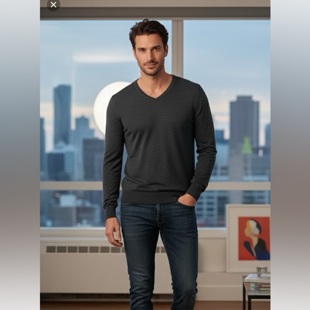JOHN VARVATOS S 100% wool grey light weight v neck pull over sweater